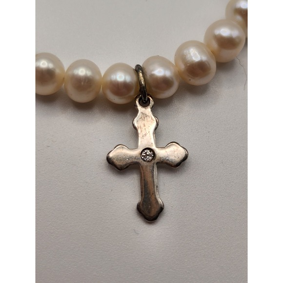 Sterling Silver 925 Freshwater Pearl Cross Pendant Necklace 16 Inch Creamy White - Picture 6 of 8